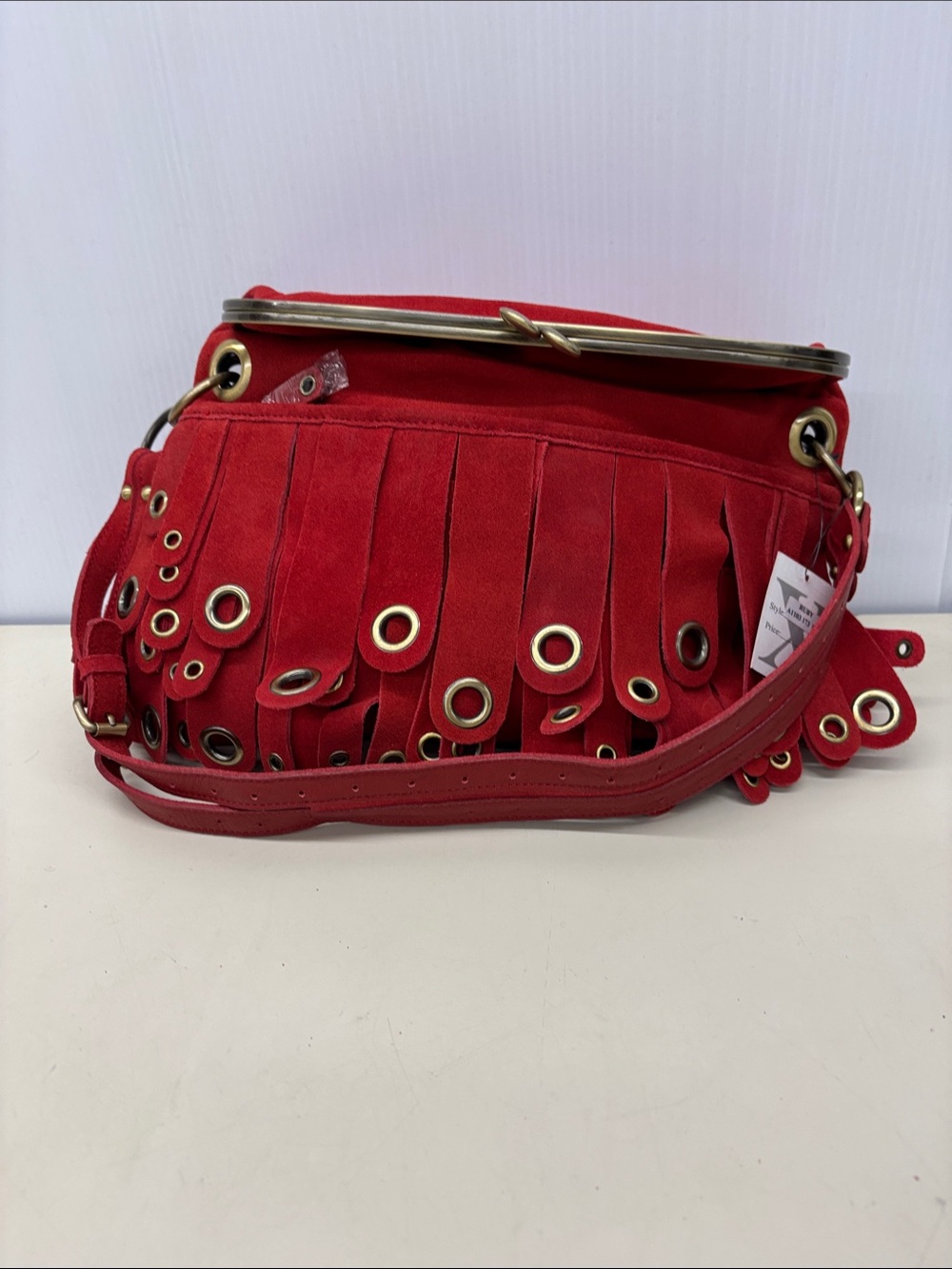 Maxx New York Red Suede Fringe Shoulder Bag with Grommet Accents